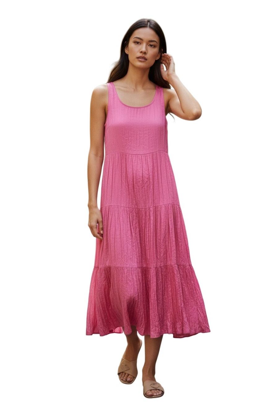 Eileen Fisher $378 Crushed Silk Tiered Midi Sleeveless Dress in Tulip Size XXS